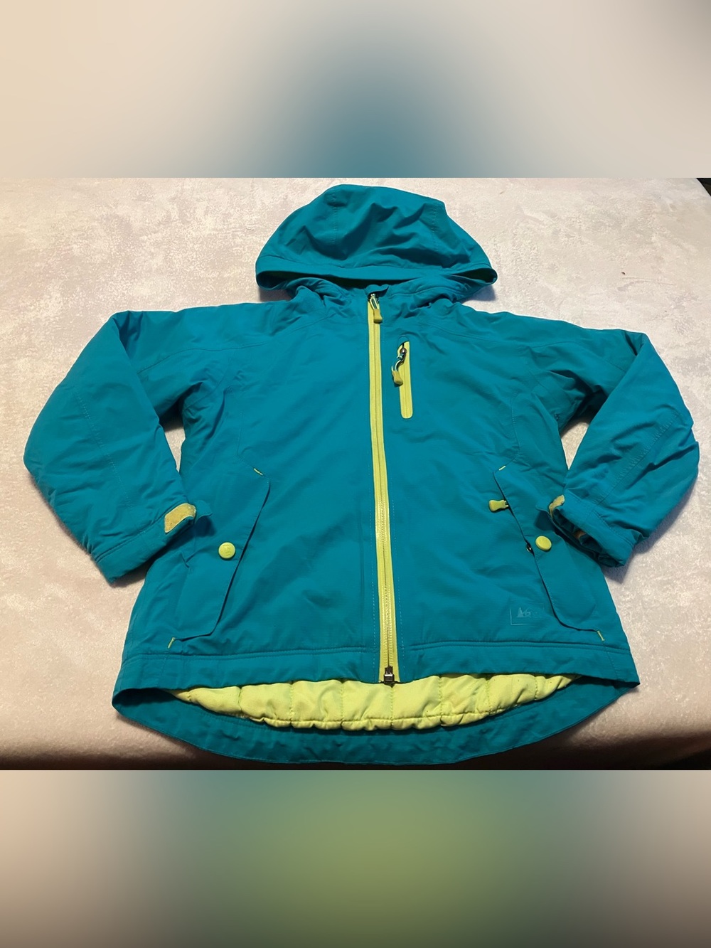REI Teal Hooded Kids Puffer Jacket with Lime Accents